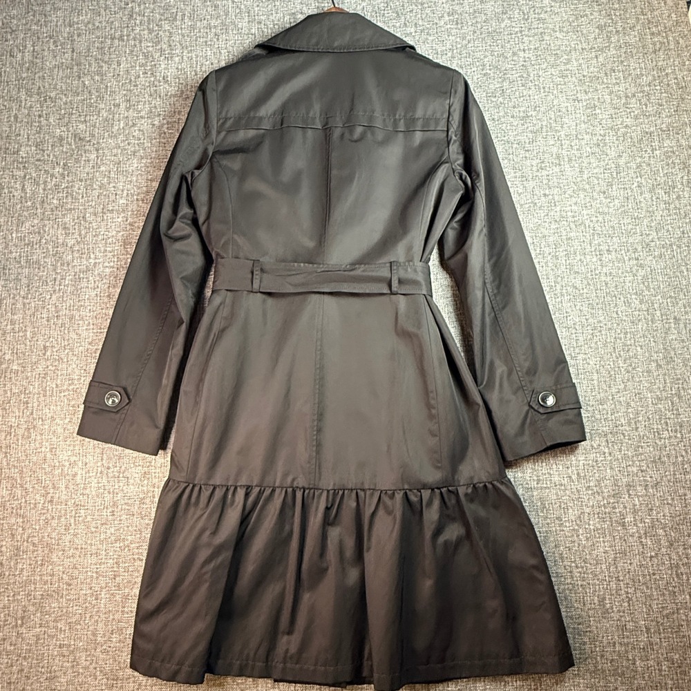 Women Kate Spade Trench Coat | Size S | Black Ruffle Hem Belted Jacket - Picture 2 of 13